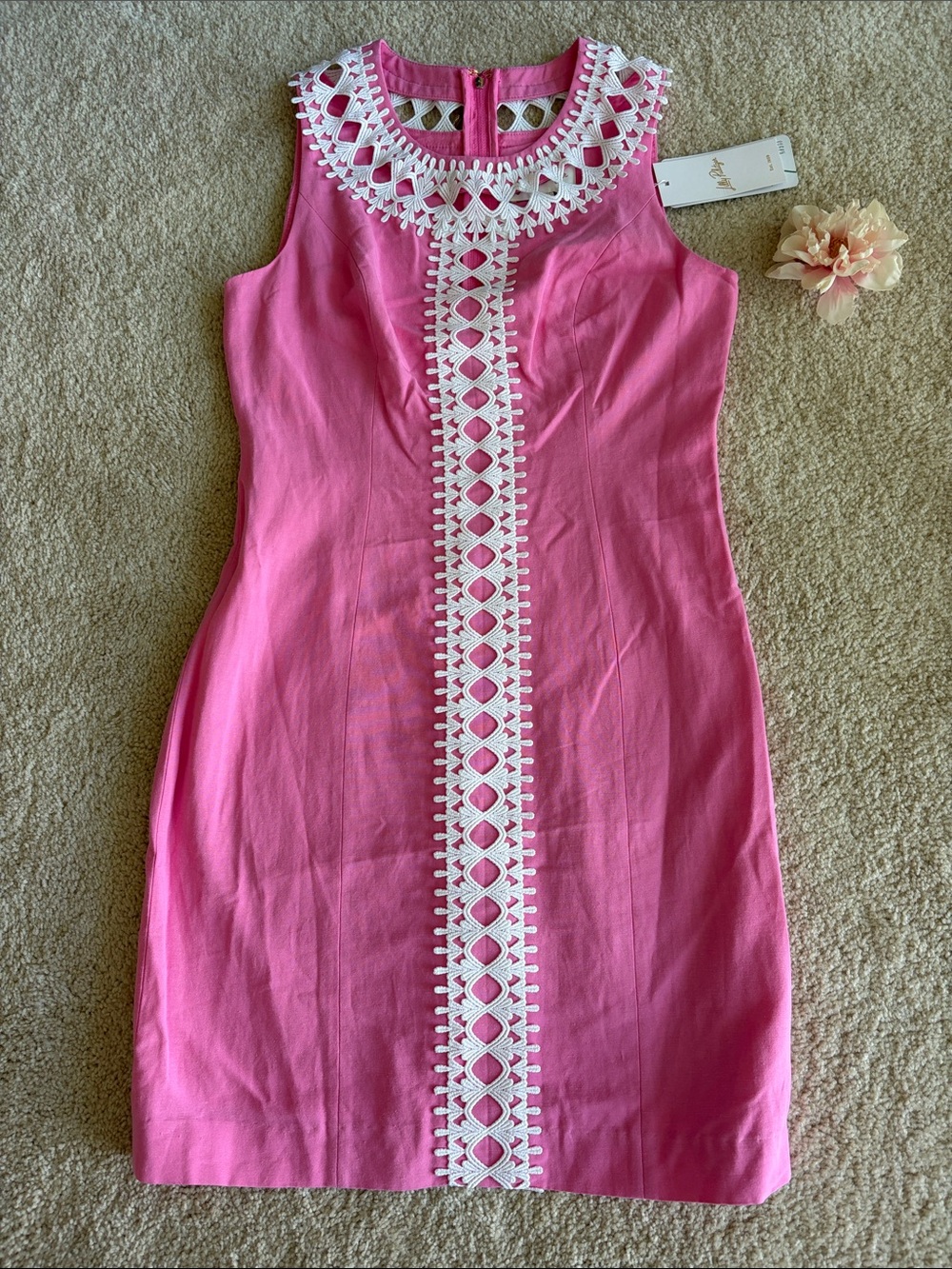Lilly Pulitzer Pink Sleeveless Shift Dress with White Crochet Trim, 0, NWT
